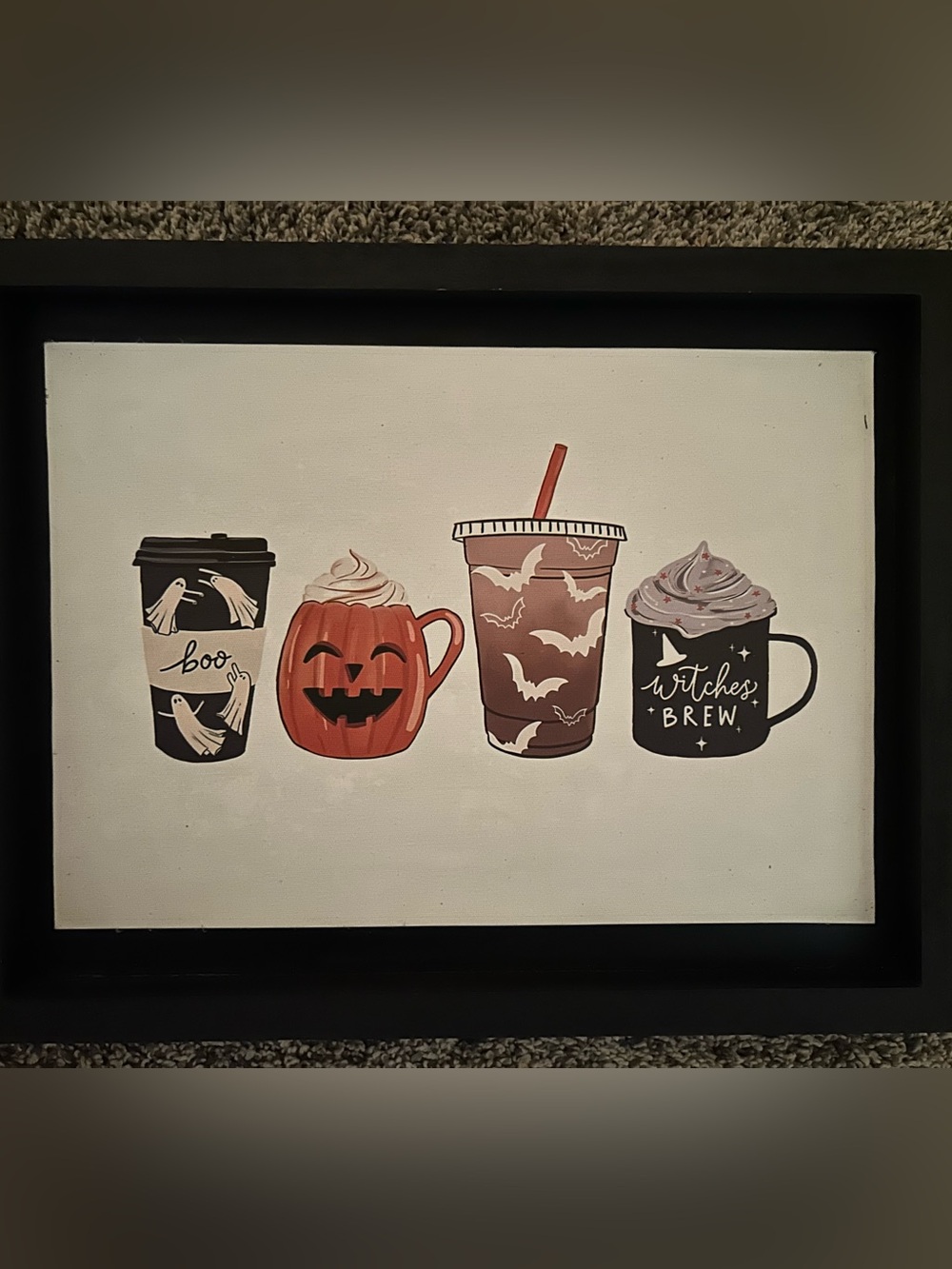 Halloween Coffee Mug Canvas Framed 11 x 14 Orange, Black & Cream